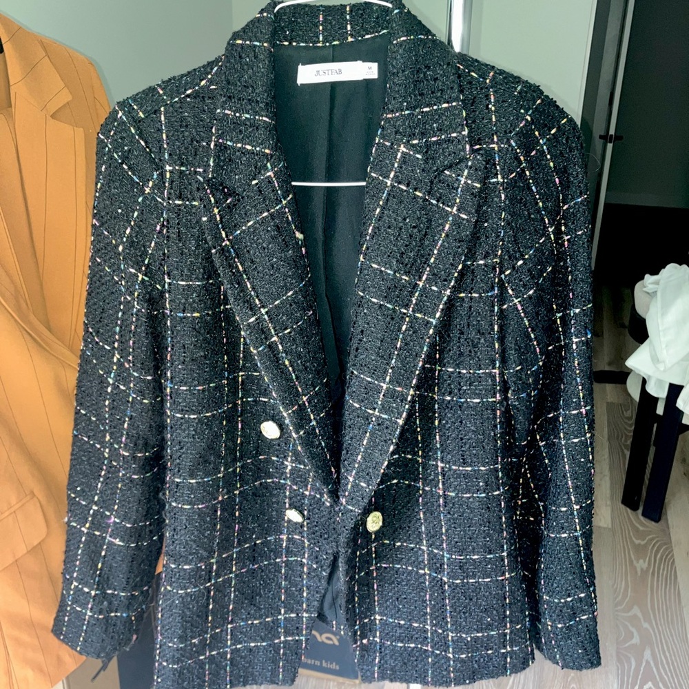 Tweed Black Blazer with Rainbow Thread Small Sequins and Gold Buttons